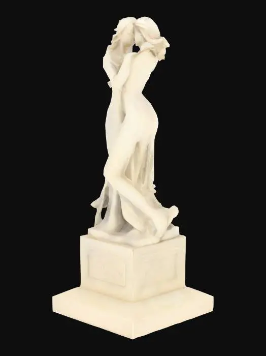 3D model for Create an elegant statue of two women kissing, captured in a tender, intimate embrace. The figures should be gracefully posed, with flowing lines and soft contours, emphasizing the connection between them. Place the statue on a square pedestal with a smooth, polished finish, adding subtle details like engraved patterns or a simple, classical base to enhance its sophistication. The overall style should be timeless and artistic, evoking themes of love and unity.