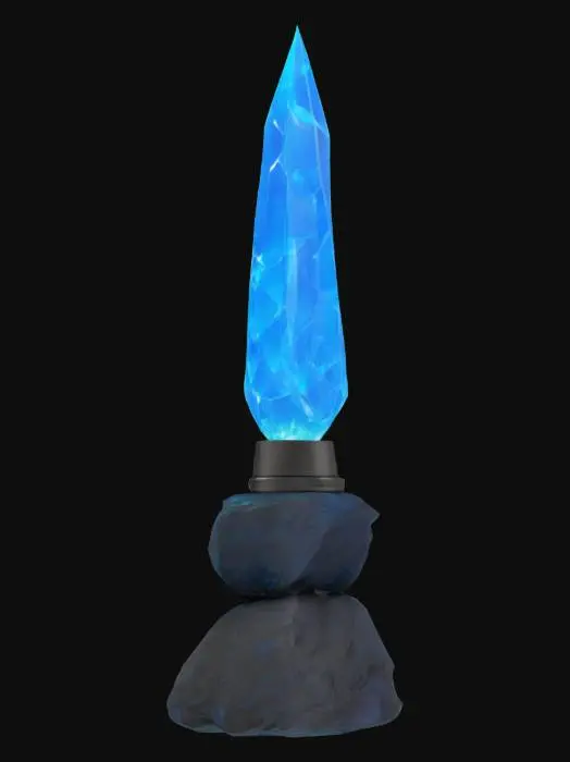 3D model for Glowing Crystal, Blue, Clear, Lamp, Black rock base, realistic, HD
