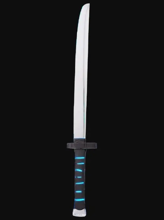3D model for “Create a futuristic Japanese katana sword made of matte graphite with a sleek, sharp blade. The edge and details are highlighted by glowing blue neon lights in a sci-fi style. The handle features a modern, ergonomic design with subtle blue neon accents as well. The sword’s surface combines traditional Japanese aesthetics with high-tech elements like smooth metallic and carbon fiber textures. The overall look should be dynamic, powerful, and technologically advanced.”