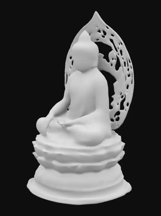 3D model for A huge statue of Dainichi Buddha emanating a halo of light, made of translucent material, wearing an ornate golden crown on its head and a light and delicate gauzy chrome costume, on a black background, with an intricate mandala motif surrounding the statue of the Buddha, sacred and seated on a white lotus throne, which is exquisitely detailed and rendered in high definition imagery, with a design that emphasizes depth, sophistication, and sacredness futuristic aesthetic