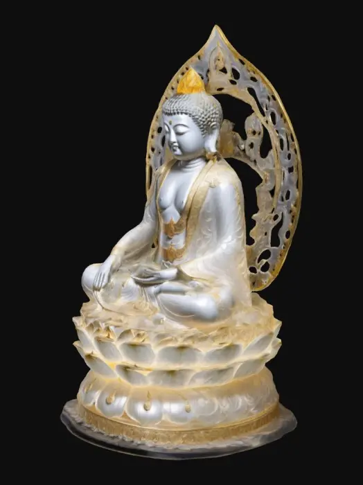 3D model for A huge statue of Dainichi Buddha emanating a halo of light, made of translucent material, wearing an ornate golden crown on its head and a light and delicate gauzy chrome costume, on a black background, with an intricate mandala motif surrounding the statue of the Buddha, sacred and seated on a white lotus throne, which is exquisitely detailed and rendered in high definition imagery, with a design that emphasizes depth, sophistication, and sacredness futuristic aesthetic