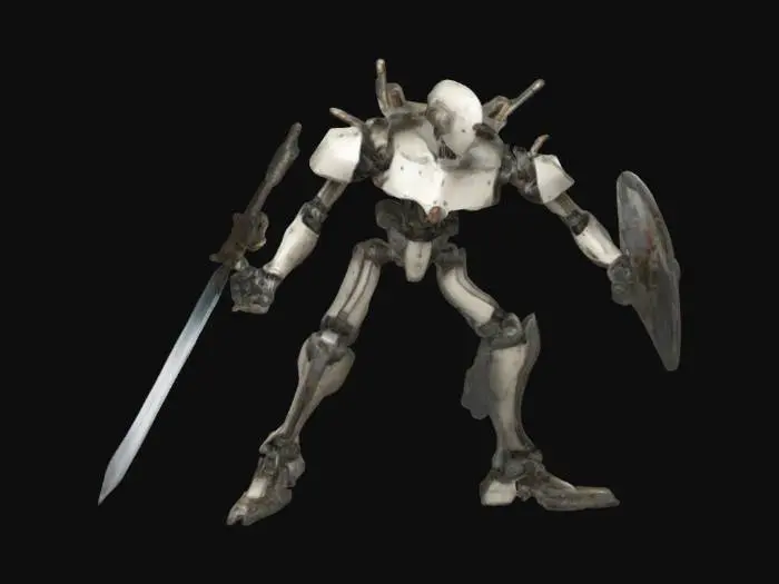 3D model for tall spindly robot with sword and shield