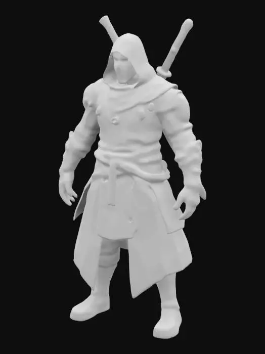 3D model for cyberpunk ninja, covered face, old Shinobi Shozok with mecha details, both arms with glowing details, menacing pose, slightly stylized, mantain sharp, defined and clean lines, ultra realistic details, vibrant, fullbody