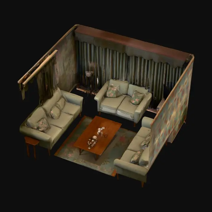 3D model for Dimly Lit Living Room (Furniture Shifts Subtly):

Generate in Model: Worn mid-century furniture (sofa, armchairs, coffee table) with faded upholstery, misaligned positions, dusty curtains, peeling floral wallpaper, wooden floor with scratches.