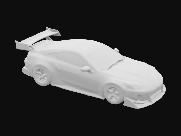 3D model for specifically a Nissan 350Z. The car is painted in a glossy black and gray color scheme with intricate graphics on the sides, including a stylized design that appears to be a dragon or similar mythical creature. The car features a large rear spoiler, custom rims with a chrome finish, and low-profile tires. The front of the car has a modified bumper with additional air intakes and a hood with vents, indicating a high-performance or racing modification. The windows are tinted. Fast and Furious