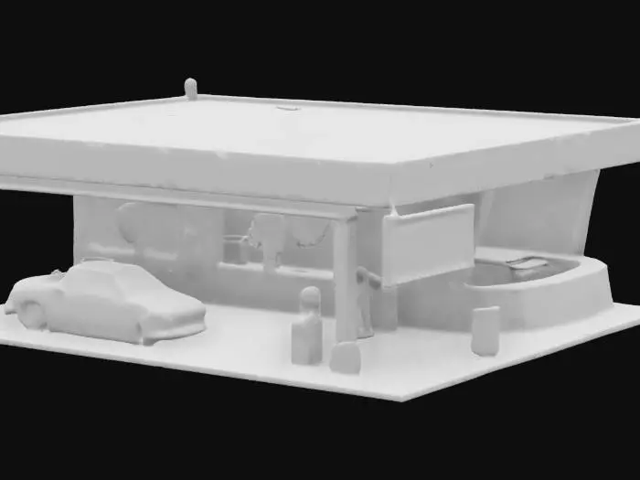 3D model for An old gas station to be placed over a 3D map. Abandoned in the desert, rust and dusty. There is an old muscle car abandoned and also an old rusty volkswagen beetle. Very detailed, Well made, HDR, Low poly.