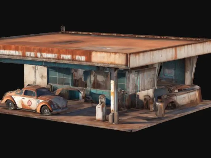 3D model for An old gas station to be placed over a 3D map. Abandoned in the desert, rust and dusty. There is an old muscle car abandoned and also an old rusty volkswagen beetle. Very detailed, Well made, HDR, Low poly.