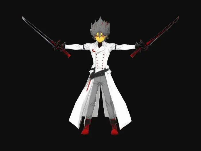 3D model for Anime style male character. Standing in T position. He is a Swordsman holding Dual swords. The blades are pointing up. High quality. Masterpiece. Anime. Hand painted.