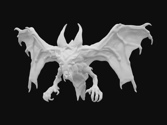 3D model for A colossal bat-like monster. The creature's body is covered in dark leathery skin that has a rough scaly texture. The head is elongated resembling a grotesque mix between a bat and a demonic figure. Its eyes are glowing with red hue, and its mouth is filled with razor-sharp fangs. Enormous wings that look like they are part flesh part bone. The membrane of the wings is semi-transparent with veins visibly running through them. The tips of the wings have claw-like appendages. HDR, Realistic.