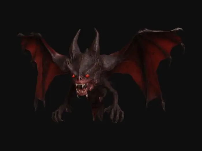 3D model for A colossal bat-like monster. The creature's body is covered in dark leathery skin that has a rough scaly texture. The head is elongated resembling a grotesque mix between a bat and a demonic figure. Its eyes are glowing with red hue, and its mouth is filled with razor-sharp fangs. Enormous wings that look like they are part flesh part bone. The membrane of the wings is semi-transparent with veins visibly running through them. The tips of the wings have claw-like appendages. HDR, Realistic.