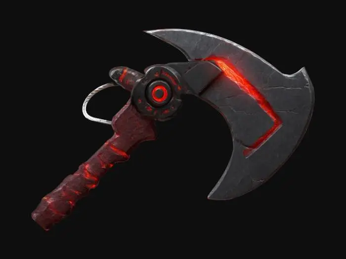 3D model for Imagine a Cybernetic Tomahawk Stone Axe. the blade is made of a red luminous stone with an inner glow and is tied to the handle with a white luminous cord. The handle is made of black glossy metal. Electronic circuits are visible. High defined textures, Clean geometries, Clean design, Ensure the highest quality, Fantasy, Sci-fi, HDR. #ChronoForgeWeapon#