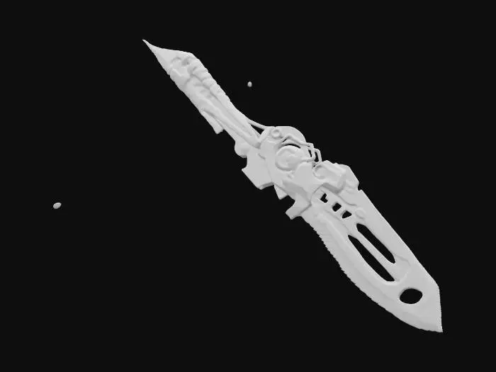 3D model for A prehistoric-inspired weapon forged with advanced tech. Features a molecularly sharp self-healing blade made of carbon nanotubes and titanium-ceramic alloy. AI combat system, holographic interface and micro-thrusters. Includes energy-absorbing grip and anti-gravity field. Eco-friendly with a sleek retro-futuristic design and glowing neon accents. Symbolizes humanity’s evolution from primal tools to high-tech mastery. Clean geometries, Clean design, HDR, Sharp edges, Low poly.#ChronoForgeWeapon#