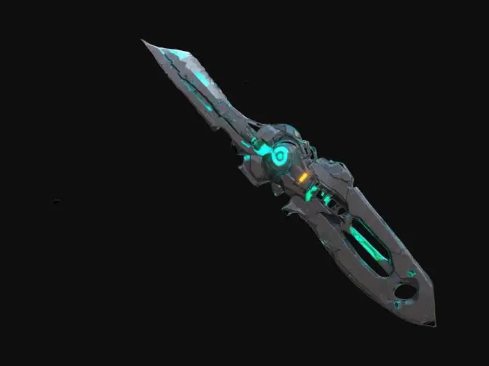 3D model for A prehistoric-inspired weapon forged with advanced tech. Features a molecularly sharp self-healing blade made of carbon nanotubes and titanium-ceramic alloy. AI combat system, holographic interface and micro-thrusters. Includes energy-absorbing grip and anti-gravity field. Eco-friendly with a sleek retro-futuristic design and glowing neon accents. Symbolizes humanity’s evolution from primal tools to high-tech mastery. Clean geometries, Clean design, HDR, Sharp edges, Low poly.#ChronoForgeWeapon#