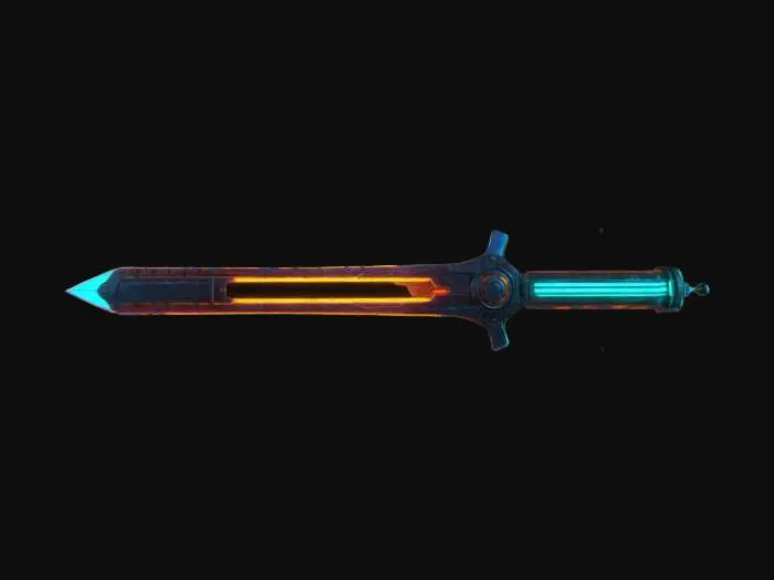 3D model for imagine a modern broadsword made of glowing neon material and crafted on a distant futuristic era. Glowing neon, HDR, Defined shapes, Defined geometries, Defined textures, Symmetrical texture, #ChronoForgeWeapon#