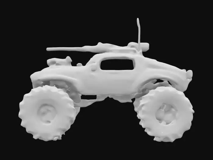 3D model for Imagine a Mad Max-style weaponized car. Oversized tires, rusty bodywork, heavy weaponry. Sharp geometry, Sharp edge, Defined texture, HDR, High quality. #ChronoForgeWeapon#