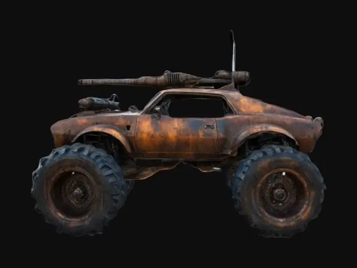 3D model for Imagine a Mad Max-style weaponized car. Oversized tires, rusty bodywork, heavy weaponry. Sharp geometry, Sharp edge, Defined texture, HDR, High quality. #ChronoForgeWeapon#