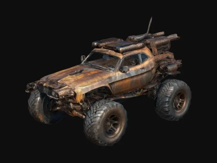 3D model for Imagine a Mad Max-style weaponized car. Oversized tires, rusty bodywork, heavy weaponry. Sharp geometry, Sharp edge, Defined texture, HDR, High quality. #ChronoForgeWeapon#
