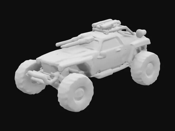 3D model for Imagine a Mad Max-style weaponized car. Oversized tires, rusty bodywork, heavy weaponry. Sharp geometry, Sharp edge, Defined texture, HDR, High quality. #ChronoForgeWeapon#