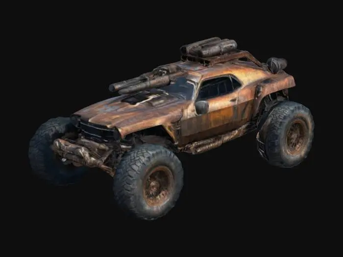 3D model for Imagine a Mad Max-style weaponized car. Oversized tires, rusty bodywork, heavy weaponry. Sharp geometry, Sharp edge, Defined texture, HDR, High quality. #ChronoForgeWeapon#