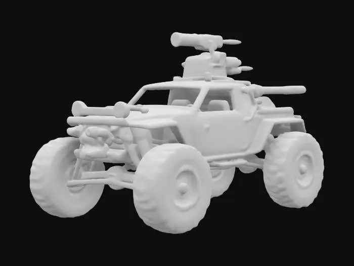 3D model for Imagine a Mad Max-style weaponized car. Oversized tires, rusty bodywork, heavy weaponry. Sharp geometry, Sharp edge, Defined texture, HDR, High quality. #ChronoForgeWeapon#