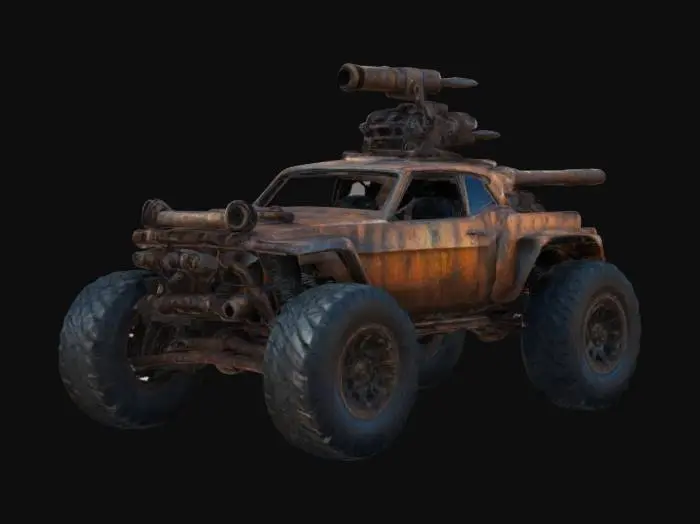 3D model for Imagine a Mad Max-style weaponized car. Oversized tires, rusty bodywork, heavy weaponry. Sharp geometry, Sharp edge, Defined texture, HDR, High quality. #ChronoForgeWeapon#