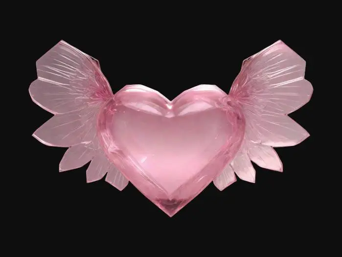 3D model for Create a 3D heart made of pinkish glass or pinkish crystal, with delicate translucent wings. It could be flying through a dreamlike environment representing the lightness and fragility and freedom of love. Clean texture, Sharp and clean geometry, Well defined texture, HDR, Fantasy, #valentine# day