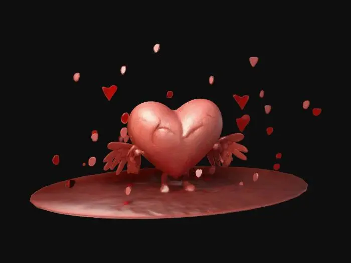 3D model for Anthropomorphic cupid heart, inspired by Valentine's Day, #valentine#. The scene should evoke warmth and tenderness and the celebration of love with a hint of romantic ambiance. Clean texture, Sharp and clean geometry, Well defined texture, HDR.