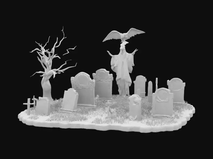 3D model for Make a cemetery. Some tombstones have a red neon glow. A skeleton can be seen somewhere. A tall tree with no leaves, it has a scary vulture on it. Hiding behind one of the tombstones, is a friendly ghost that has wide open eyes. The lighting brings out the atmosphere of terror and fear. Acurate details, Precise geometry, Highly Detailed,  #halloween#
