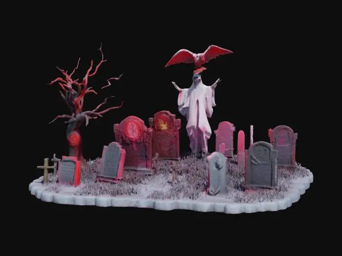 3D model for Make a cemetery. Some tombstones have a red neon glow. A skeleton can be seen somewhere. A tall tree with no leaves, it has a scary vulture on it. Hiding behind one of the tombstones, is a friendly ghost that has wide open eyes. The lighting brings out the atmosphere of terror and fear. Acurate details, Precise geometry, Highly Detailed,  #halloween#