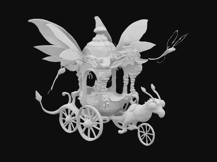 3D model for A #fairy# chariot, pulled by giant dragonflies, intricate wooden carvings, golden accents, Cartoon style, 4K texture, vibrant colors, soft lighting.