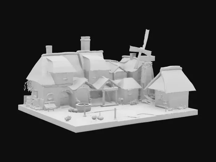 3D model for A compact medieval village diorama with cobblestone paths, thatched-roof cottages, a small stone well, and a wooden windmill, surrounded by rolling green hills and a clear sky, in a low-poly fantasy style. Clean geometry. Hard surface. Sharp edges. Defined geometry. Real life texture.