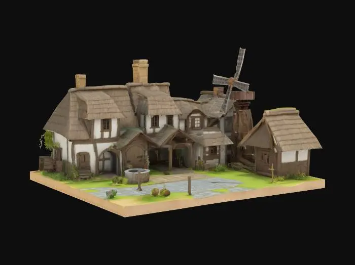 3D model for A compact medieval village diorama with cobblestone paths, thatched-roof cottages, a small stone well, and a wooden windmill, surrounded by rolling green hills and a clear sky, in a low-poly fantasy style. Clean geometry. Hard surface. Sharp edges. Defined geometry. Real life texture.