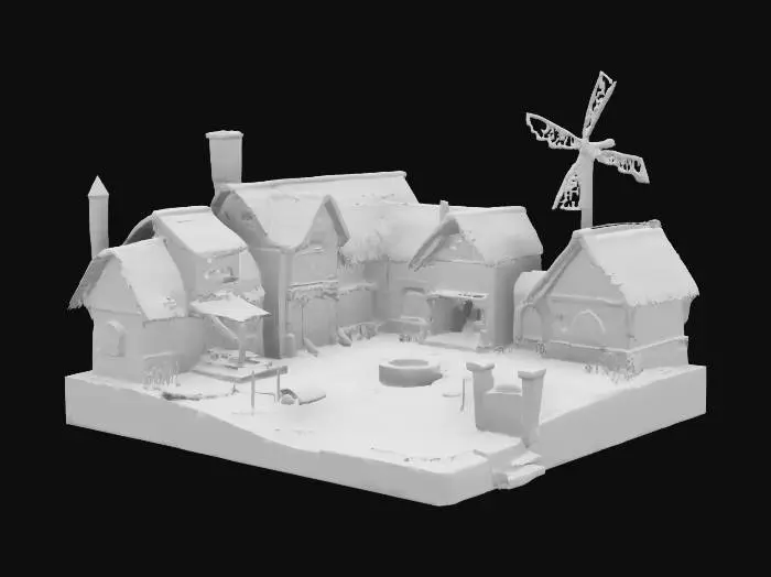 3D model for A compact medieval village diorama with cobblestone paths, thatched-roof cottages, a small stone well, and a wooden windmill, surrounded by rolling green hills and a clear sky, in a low-poly fantasy style. Clean geometry. Hard surface. Sharp edges. Defined geometry. Real life texture.