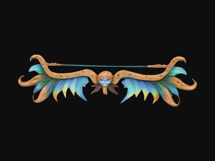 3D model for An ultra-realistic fantasy composite bow for fairies, made from a blend of magical woods, with a riser carved to resemble a fairy's face and limbs inlaid with sparkling gems that catch the light. #fairy#