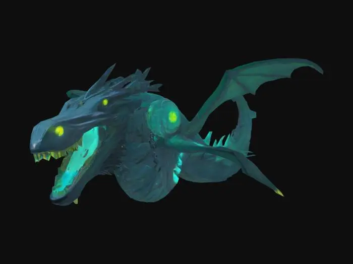 3D model for Submerged Leviathan, a massive sea dragon with a sleek, mechanical exoskeleton glowing with bioluminescent lights. Its fins are enhanced with high-tech thrusters, and its serpentine body is covered in reinforced scales. The creature’s jaws are lined with metallic teeth, designed to unleash pressurized water jets