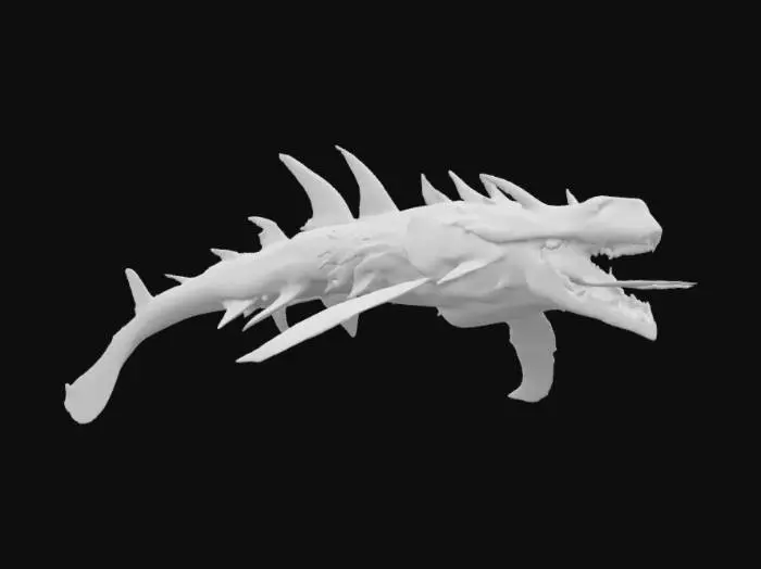 3D model for Submerged Leviathan, a massive sea dragon with a sleek, mechanical exoskeleton glowing with bioluminescent lights. Its fins are enhanced with high-tech thrusters, and its serpentine body is covered in reinforced scales. The creature’s jaws are lined with metallic teeth, designed to unleash pressurized water jets