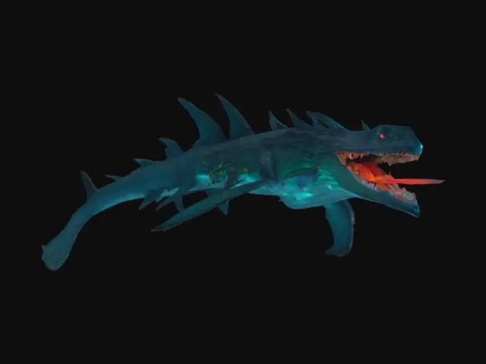 3D model for Submerged Leviathan, a massive sea dragon with a sleek, mechanical exoskeleton glowing with bioluminescent lights. Its fins are enhanced with high-tech thrusters, and its serpentine body is covered in reinforced scales. The creature’s jaws are lined with metallic teeth, designed to unleash pressurized water jets