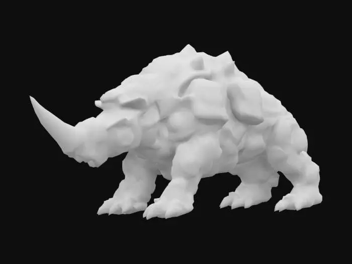 3D model for a massive Behemoth of Shock, resembling a rhinoceros with organic armored plates fused with glowing electrical generators. Its body crackles with constant electric arcs, and its horns are metallic conductors emitting concentrated lightning bolts. The creature has a bulky, intimidating stance with sparks flying around it. High quality texture. High quality geometry
