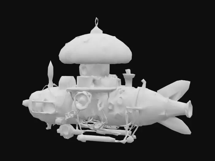 3D model for Create a steampunk-inspired airship with a fantasy twist, featuring a large glowing purple mushroom cap as the main structure on top. The airship should have intricate mechanical details, including gears, pipes, and metallic panels with a bronze and copper color palette. Add glowing amber lights embedded in the design, and include small gemstone accents for a magical touch. The overall style should blend steampunk aesthetics with organic, whimsical elements. HDR.