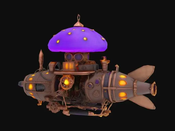 3D model for Create a steampunk-inspired airship with a fantasy twist, featuring a large glowing purple mushroom cap as the main structure on top. The airship should have intricate mechanical details, including gears, pipes, and metallic panels with a bronze and copper color palette. Add glowing amber lights embedded in the design, and include small gemstone accents for a magical touch. The overall style should blend steampunk aesthetics with organic, whimsical elements. HDR.