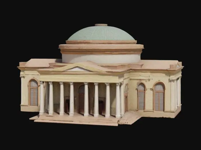 3D model for [Brazil]. Generate a highly detailed, textured 3D model of the Teatro Amazonas opera house in Manaus, Brazil.  
Exterior: Eclectic blend of Renaissance and Neoclassical architecture  
Grand portico with Corinthian columns and ornate capitals  
Elaborate balustrades, sculpted pediments, and decorative friezes  
Dome: hemispherical, covered in 36,000 glazed ceramic tiles painted green, yellow and blue (the Brazilian flag colors)  
Roof: French-style zinc tiles, slight patina  
Walls: painted stucco with subtle weathering (cream/off-white tone)  
Large arched windows with wrought-iron tracery.
Geometry & Topology:  
Clean quad-based topology, optimized to ~300k triangles for real-time use. #AroundTheWorld#