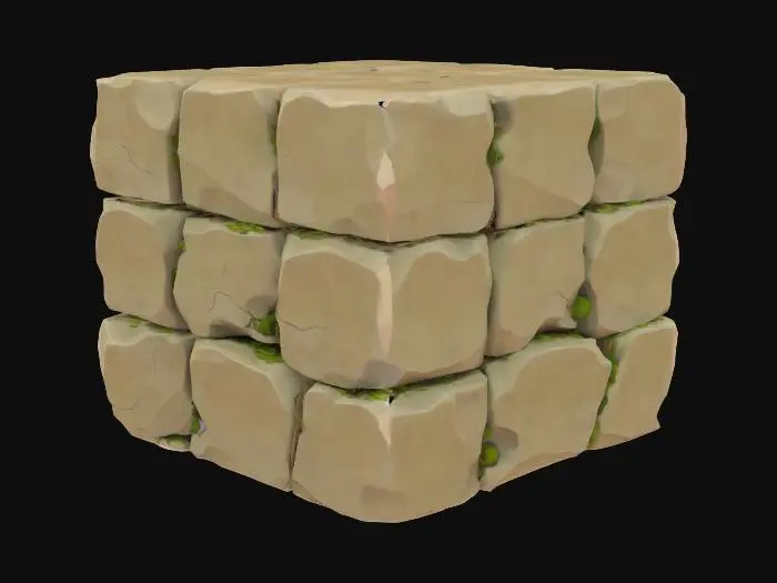 3D model for Seamless stone block, medium-poly, realistic rock material, PBR with grunge detail, moss growing in crevices, tileable, 2048×2048 resolution, optimized for realtime, sharp normal maps, natural color variations