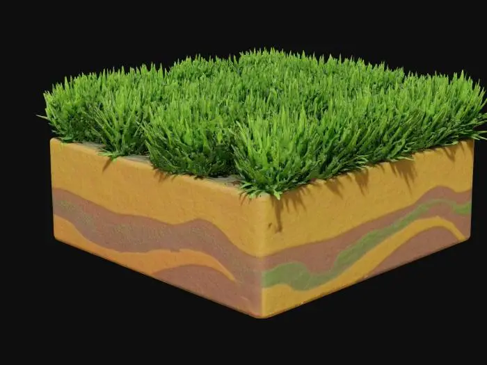 3D model for Modular grass block for game environment, low-poly, cartoon style, PBR textures with vivid green grass blades and rich soil beneath, tileable on all sides, 1024×1024 texture maps, clean topology, slight bevels on edges for softness, ambient occlusion included