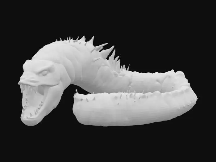 3D model for Colossal sandworm, segmented and robust body adapted for moving beneath desert sand, rough and resistant leathery texture. Immense and cavernous mouth, filled with multiple rows of crystalline, razor-sharp teeth. Chitinous and pointed spikes of varying sizes irregularly covering the back and sides of the body. Gigantic scale, capable of swallowing entire cities. Epic and menacing style, dramatic lighting that enhances the terrifying textures and details.