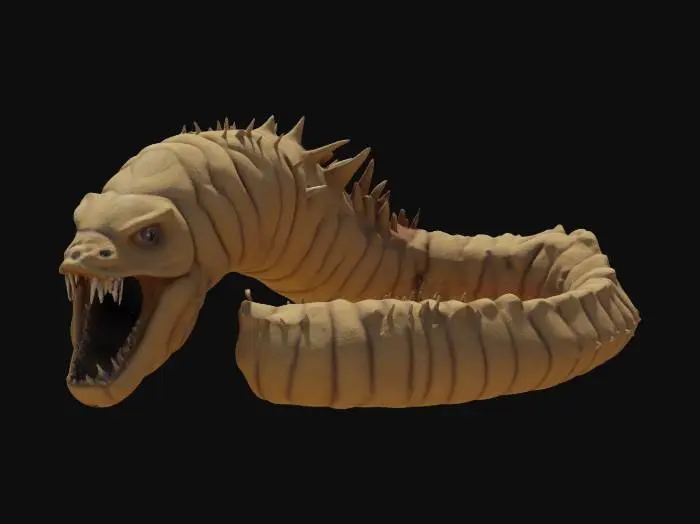 3D model for Colossal sandworm, segmented and robust body adapted for moving beneath desert sand, rough and resistant leathery texture. Immense and cavernous mouth, filled with multiple rows of crystalline, razor-sharp teeth. Chitinous and pointed spikes of varying sizes irregularly covering the back and sides of the body. Gigantic scale, capable of swallowing entire cities. Epic and menacing style, dramatic lighting that enhances the terrifying textures and details.