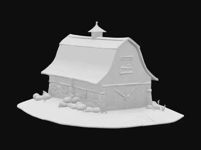 3D model for Pennsylvania Barn (Switzer Barn/Bank Barn): A highly distinctive type, characterized by a stone foundation and being built into a bank or hillside. It features a prominent projecting forebay or overhang, which provides shelter and often access to the upper level. Cartoonish funny style.