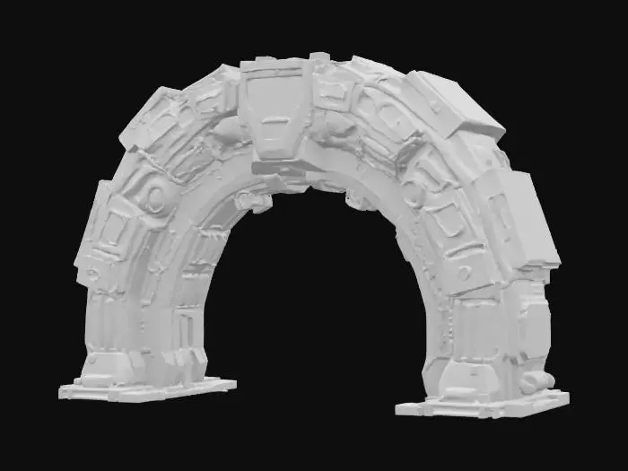 3D model for imagine an #arch# formed by two plasma cannons. Cyberpunk. Realistic. High definition. Professional quality. Hard surface.