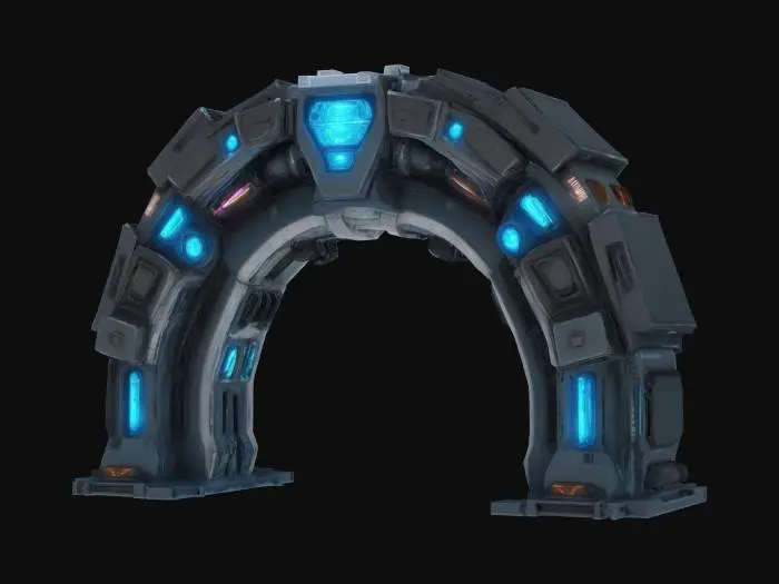 3D model for imagine an #arch# formed by two plasma cannons. Cyberpunk. Realistic. High definition. Professional quality. Hard surface.