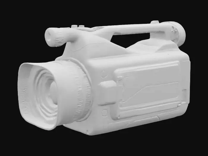 3D model for A highly detailed, realistic 3D model of a vintage shoulder-mounted VHS camcorder from the late 1980s. The body is robust and blocky, made of dark gray, textured hard plastic. On the front, a prominent zoom lens with a manual focus ring and a rubber lens hood. On the side, a mechanical cassette compartment with a clearly labeled 'EJECT' button. Include a large red 'REC' button, a 'W/T' zoom rocker switch, and a full set of VCR-style transport controls (PLAY, PAUSE, REW, FF, STOP). It has a black rubber eyepiece viewfinder extending from the back and a padded shoulder rest. The overall model should have a realistic, slightly worn, analog-era aesthetic. Realistic. Hard surface. High defined texture. Daylight.