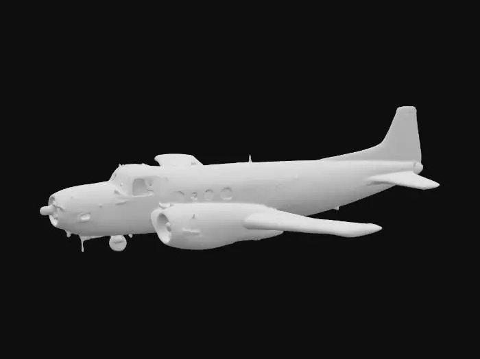 3D model for Um avião abandonado, com sua estrutura metálica visivelmente corroída por uma ferrugem espessa e escamosa que domina a superfície. A pintura original, um tom de cinza desbotado, está lascada e descascada, revelando o metal oxidado por baixo. As asas estão ligeiramente inclinadas e amassadas, e o para-brisa da cabine, se presente, estaria quebrado ou coberto por sujeira e rachaduras. A textura geral é áspera e irregular, com bordas desgastadas e superfícies cheias de pites.